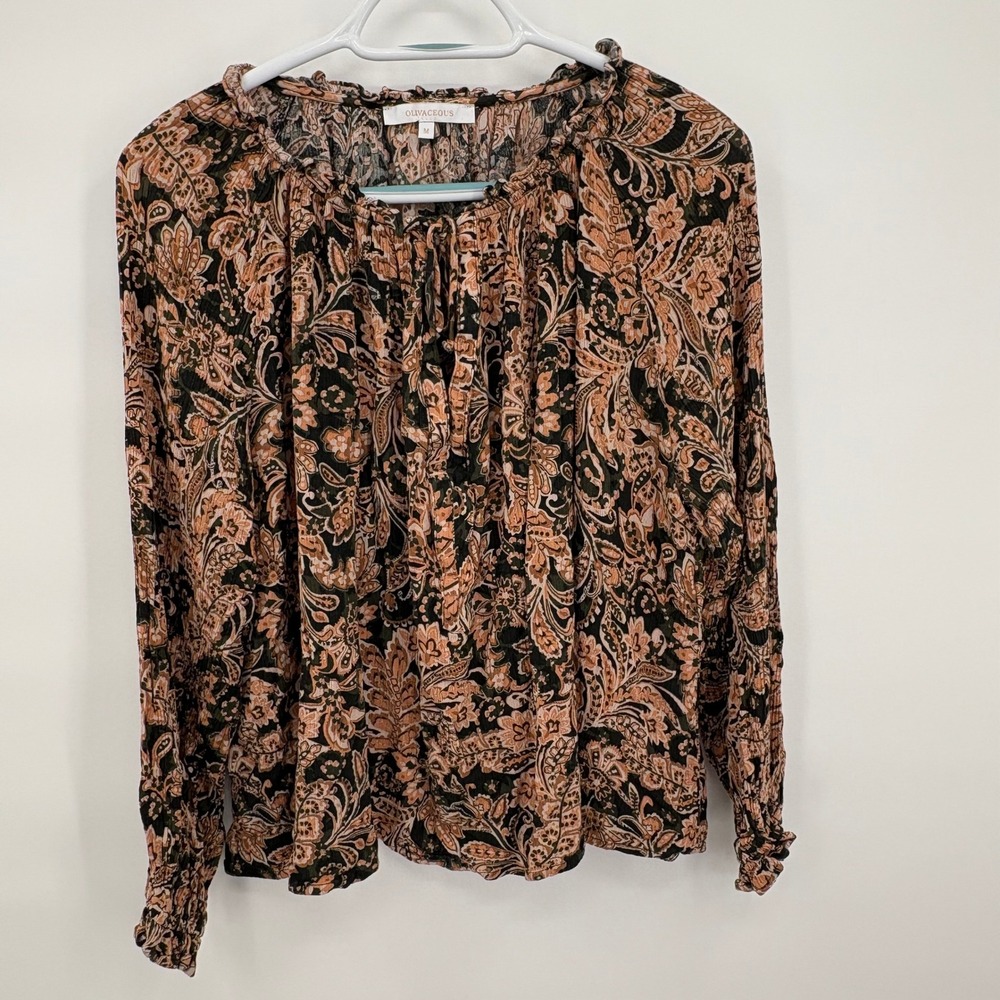 Olivaceous Womens Paisley Floral Ruffle‎ Tie Neck Blouse Tan Black Olive Green M